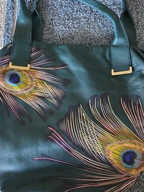 Elliott Lucca Teal Leather Tote with Multicolor Peacock Feather Motif